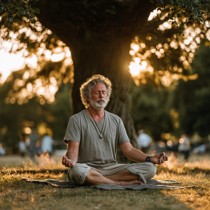Літня жінка практикує йогу в спокійному середовищі